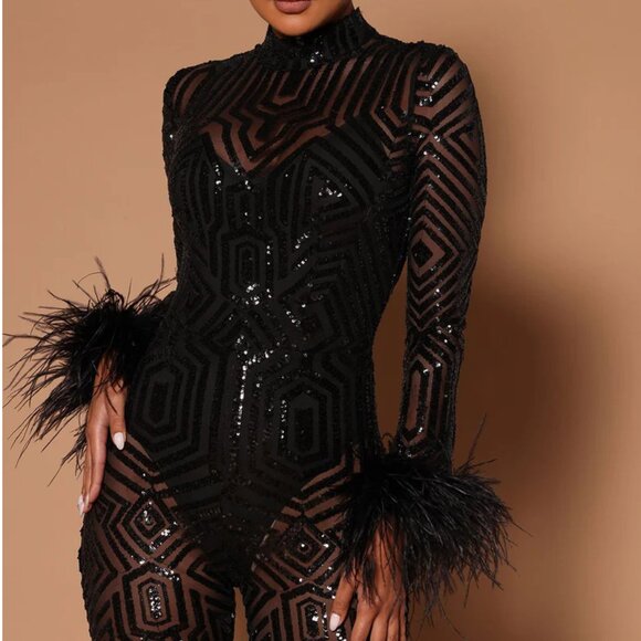 πA BOMBSHELL!π Ostrich Feather Trim Sequin Lace Bodycon Jumpsuit in Black - Picture 6 of 16
